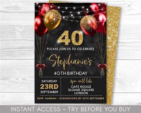 40th Birthday Invitation Editable 40th Invite Red Black Gold Etsy