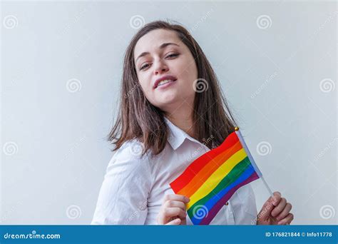 Beautiful Caucasian Lesbian Girl With Lgbt Rainbow Flag Isolated On