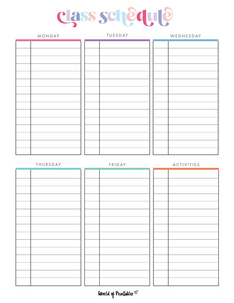 Class Schedule Templates World Of Printables