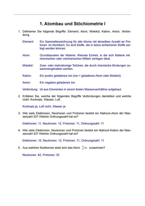 Aufgabenzettel 1 Lösung 1 Atombau und Stöchiometrie I Definieren Sie