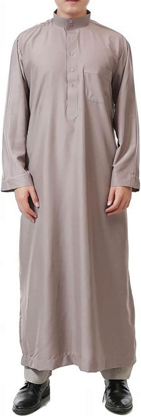 Qyuu Mens Saudi Arabic Thobe Jubba Dishdasha Long Sleeve Robe Ramadan