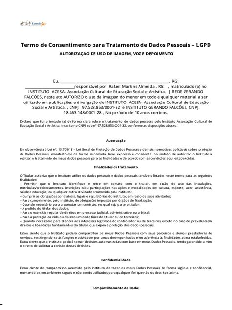 Termo De Consentimento Para Tratamento De Dados Pessoais Lgpd Pdf