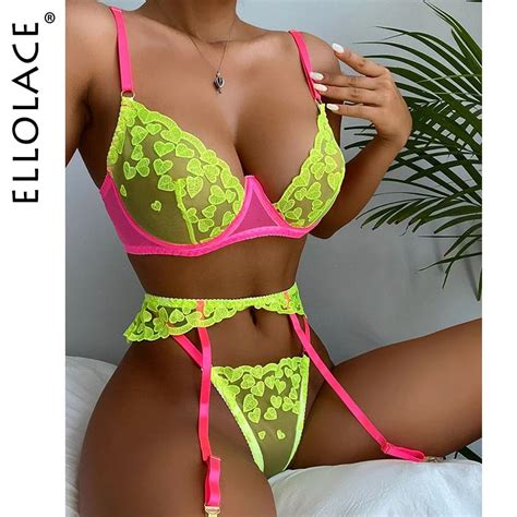 Ellolace Neon Lace Lingerie Sexy Underwear Heart Shaped Embroidery Erotic Set Sensual Patchwork