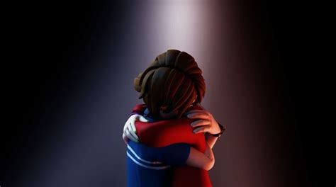 an animated image of a person hugging another person in front of a dark background with light ...