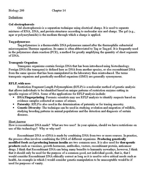 Biology 200 Chapter 14: Gel Electrophoresis & Recombinant DNA Insights