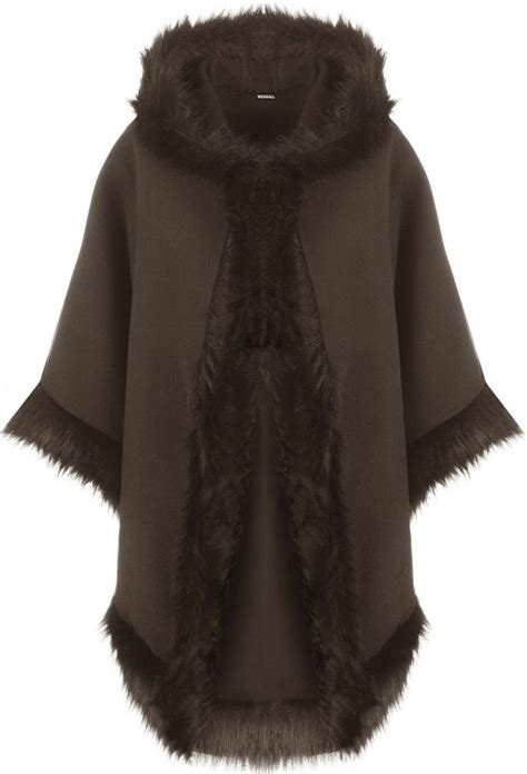 Ladies Plain Faux Fur Trim Hood Cape Shawl Cloak Women Poncho Coat Top