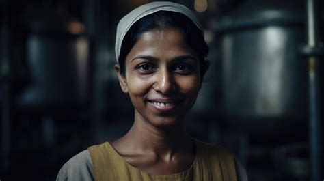 Premium Photo A Smiling Indian Female Factory Worker Standing In Oil