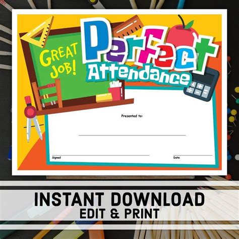 Perfect Attendance Certificate Instant Download Printable Etsy In