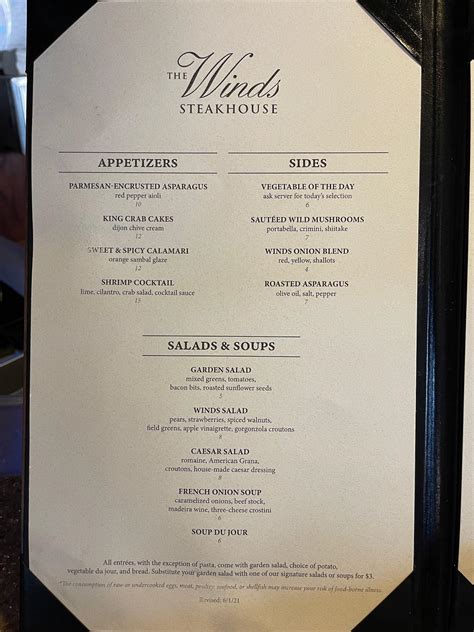 Menu at Winds Steakhouse, Hinckley