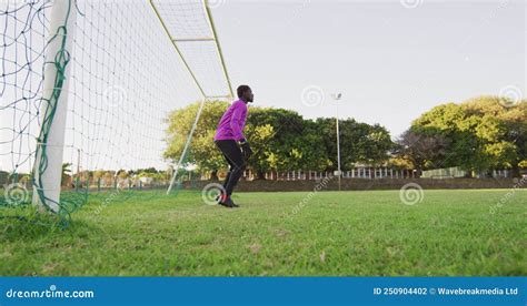 Video Of African American Goalkeeper On Field Playing Football Stock