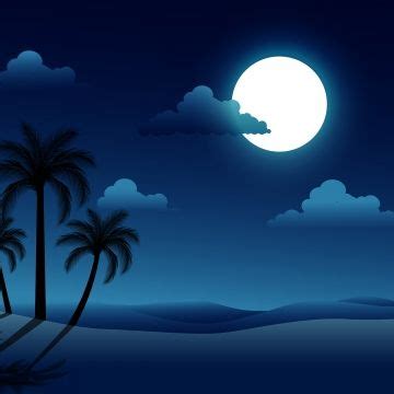 A Full Moon Is Seen In The Night Sky Above Palm Trees And Water With Clouds