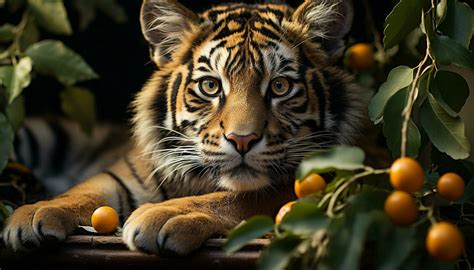 Cute Bengal Tiger Staring Hiding In Tropical Rainforest Generated By