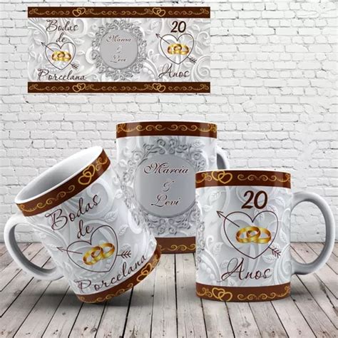 Kit 3 Canecas Bodas De Porcelana 20 Anos Caixinha