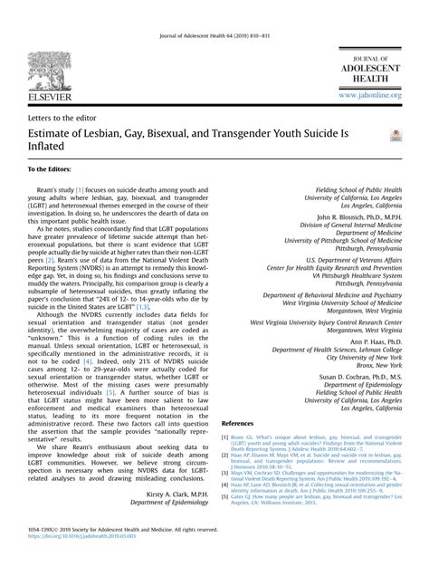 PDF Estimate Of Lesbian Gay Bisexual And Transgender Youth Suicide Is Inflated
