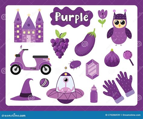 Set Of Purple Color Objects Primary Colors Flashcard With Purple