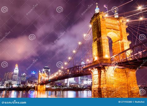 A Brightly Lit Bridge at Night in Cincinnati Stock Photo - Image of ...