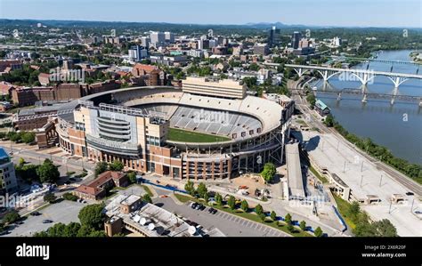 An aerial view of Neyland Stadium reveals a massive, iconic structure ...