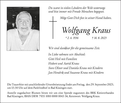 Wolfgang Kraus Traueranzeige Trauer Infranken De