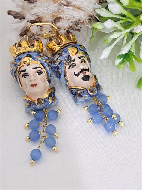 Caltagirone Ceramic Dark Brown Earrings With Blue Quartz Etsy