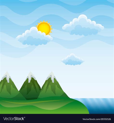 Landscape mountains peak river clouds sun Vector Image