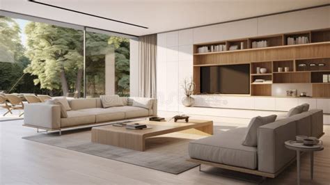 Minimalistic Living Room With White Furniture And Wooden Cabinets Stock