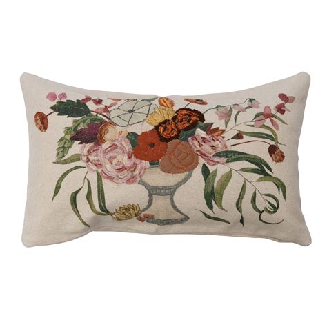 Creative Co Op Cotton Lumbar Pillow With Embroidery And Flowers In Vase