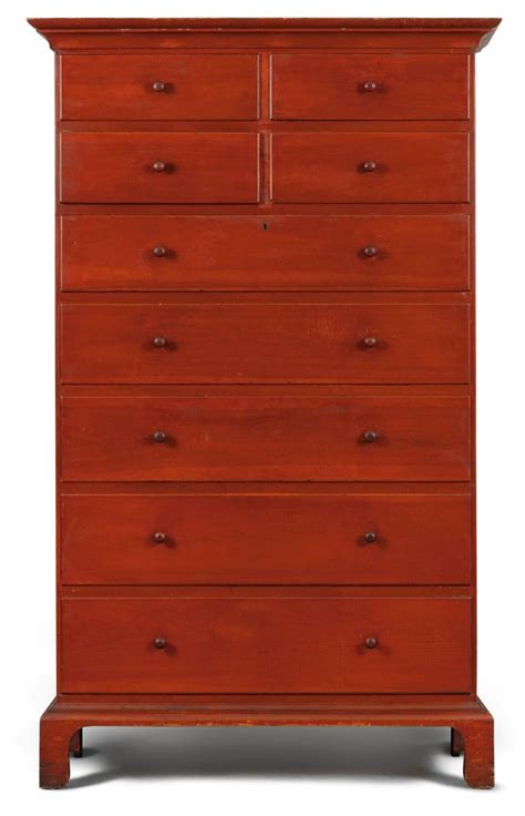 Rare Shaker Red Stained Pine Tall Case Of Drawers Watervliet New York