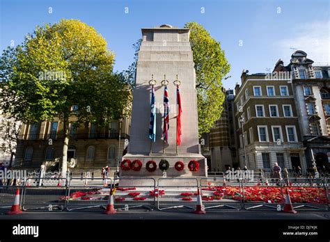 Poppy Wreaths Laid By The War Memorial Cenotaph In Whitehall London