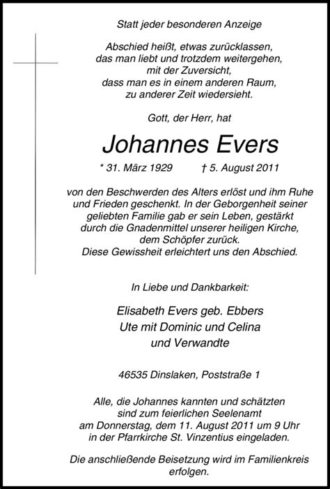 Traueranzeigen Von Johannes Evers Trauer In Nrw De