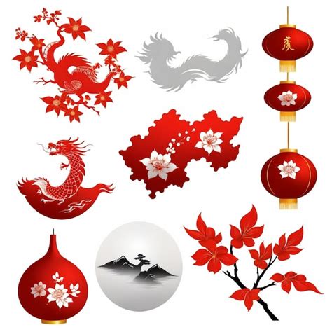 A collection of chinese symbols including a red and white dragon ...