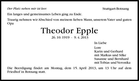 Traueranzeigen Von Theodor Epple Stuttgart Gedenkt De