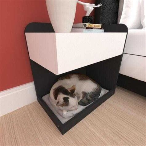 Casinha Caminha Mesa De Cabeceira Gato Gaveta Mdf Cor Preto Branco