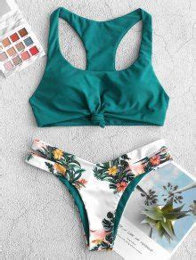 Off Zaful Plant Print Knot Racerback Bikini Swimsuit In