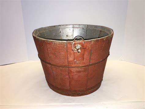 Vintage Antique Wooden Metal Strapped Sap Bucket In Original Paint