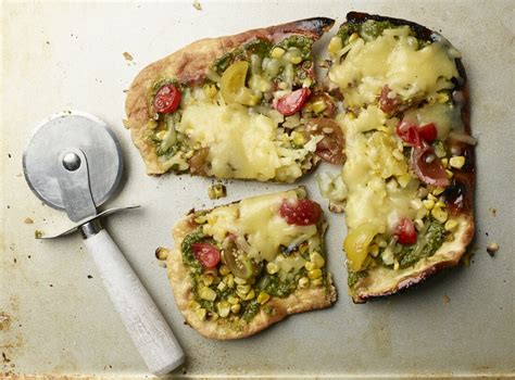 Grilled Pizzas With Pesto Corn Tomatoes And Cheddar Recipe The