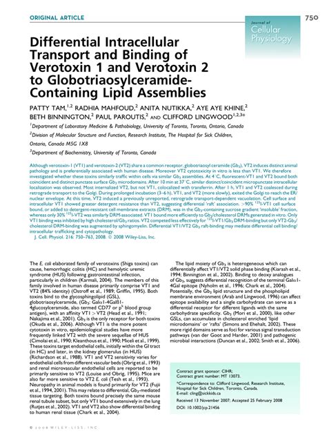 PDF Differential Intracellular Transport And Binding Of Verotoxin 1