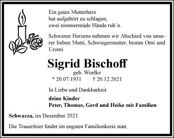 Traueranzeigen Von Sigrid Bischoff Trauer In Thueringen De