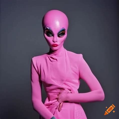 Portrait Of A Pink Alien With Striking Features And 1980s Fashion On