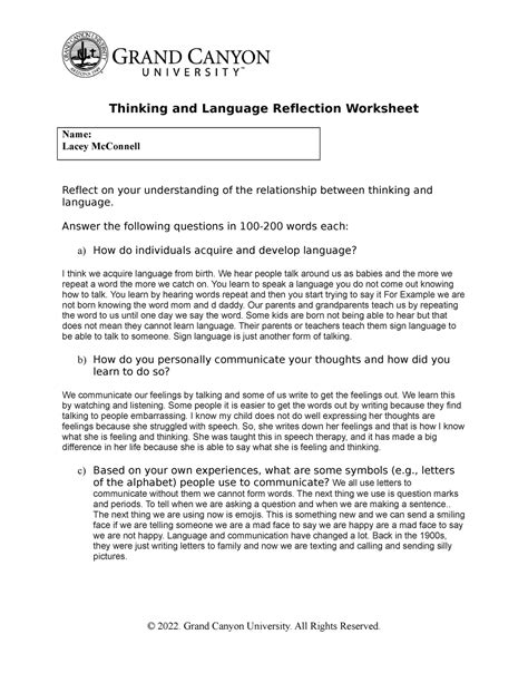 PHI105 Language Worksheet Thinking And Language Reflection