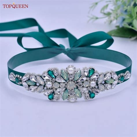 Topqueen S Luxury Green Rhinestone Bridal Belt Beaded For Formal