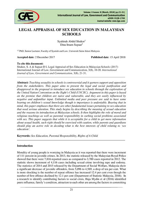 Legal Appraisal Of Sex Education In Malaysian Schools Legal Appraisal Of Sex Education In