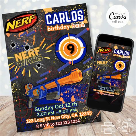 Nerf Party Invitation Dart Gun Birthday Invite Nerf Wars Gun Invitation Nerf Battle Instant