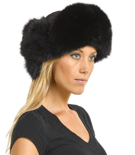 Womens Black Fox Fur Trapper Hat With Pom Poms FurHatWorld