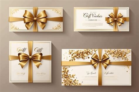 Vector Set Of Luxury Gift Vouchers With Golden Ribbons Bows And Gift