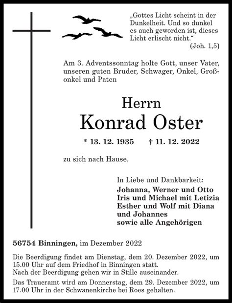 Traueranzeigen Von Konrad Oster Rz Trauer De