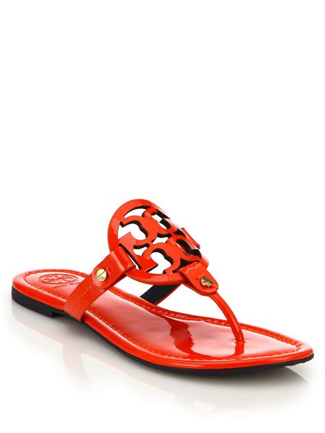 Tory Burch Miller Patent Leather Logo Thong Sandals In Orange Lyst