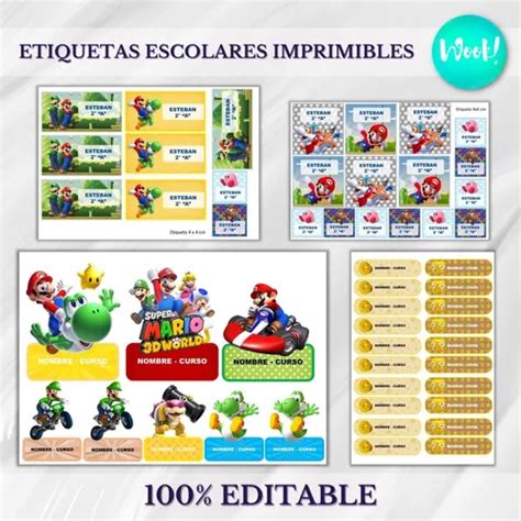 Kit Imprimible Etiquetas Escolares Super Mario Bros Editable