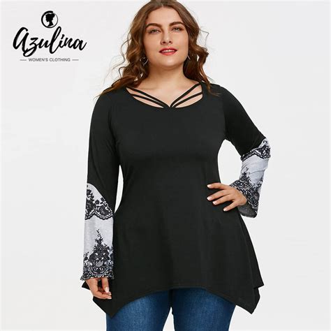 Azulina Plus Size Ladies Tops 2018 Elegant Black Lace Print Lattice Cut