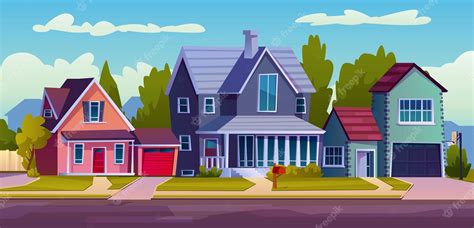 Premium Vector | Cartoon street with suburban houses driveway tree