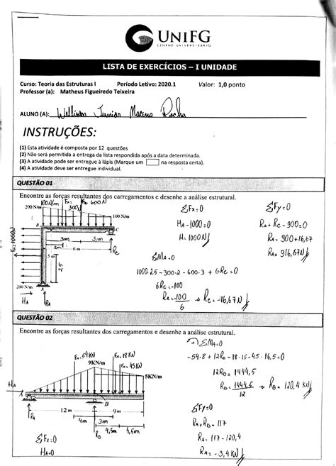 Lista Teoria Das Estruturas I Unidade Teoria Das Estruturas 1